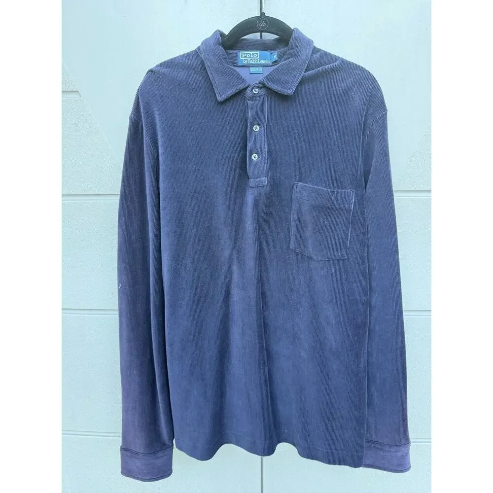 VTG Polo Ralph Lauren Men Blue Lightweight Corduroy Polo Shirt Long Slv M Preppy
